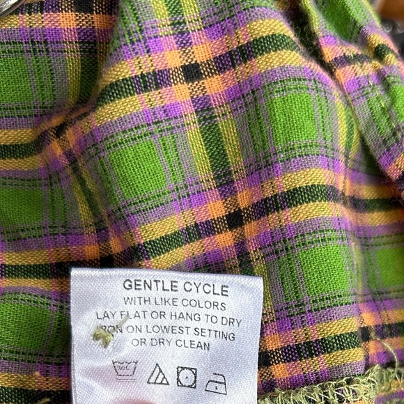 shirt by rochelle behrens Green Pink Flannel Plaid Ruffle Long Sleeve Dress Sz S - Picture 11 of 12